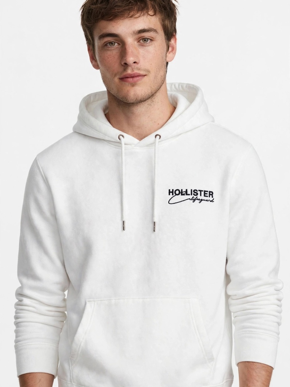 Hollister White Pullover Lifeguard Beach Hoodie with Small Black Logo
